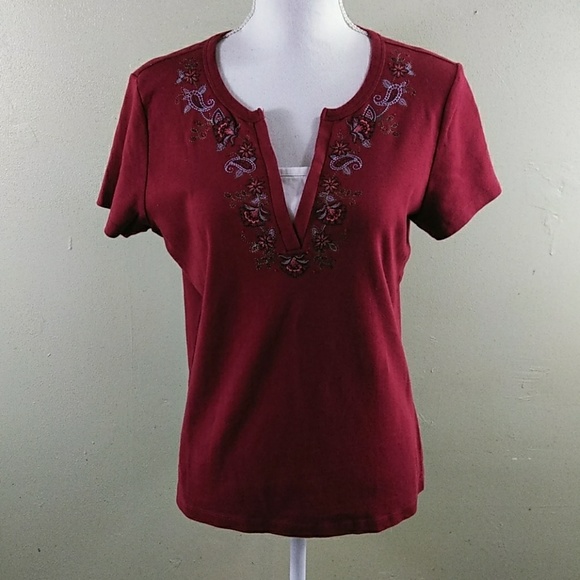 croft & barrow Tops - Maroon Cotton Knit Top with Embroidered Yoke NWOT